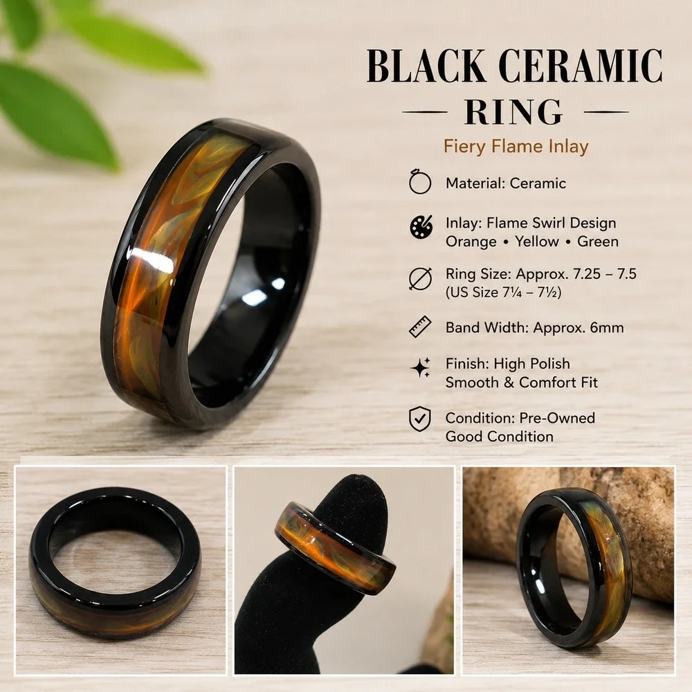 Black Ceramic Ring Fiery Flame Swirl Inlay High Polish Comfort Fit Band Size 7.5